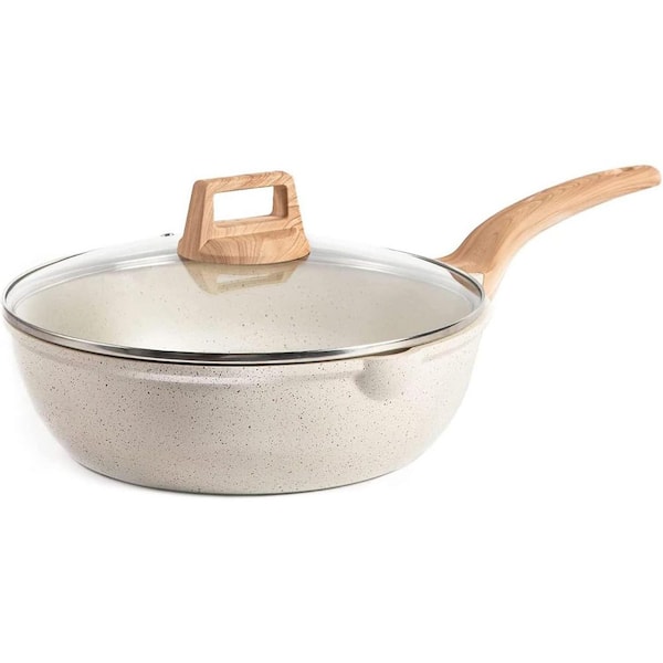 5.5 qt White Granite Nonstick Deep Saute Pan with Lid 12 Inch Skillet Jumbo Cooker Pour Spout Induction Safe Aluminum