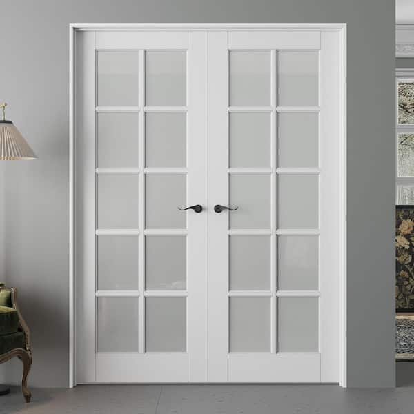 60 in.x80 in. 10-Lite Frosted Glass Universal White Solid Core Glass Double Prehung French Door Plus Quick Assemble Jamb