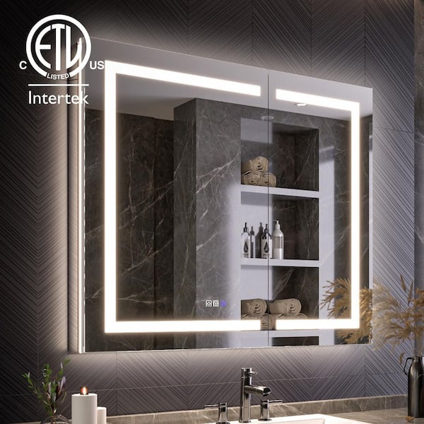 42 in. W x 36 in. H Rectangular Silver Aluminum Recessed/Surface Mount LED Medicine Cabinet with Mirror, GFCI Power-Off