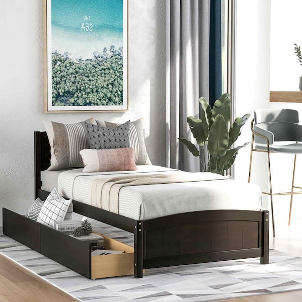 Polibi Espresso Wood Frame Twin Size Platform Bed with Two Drawers