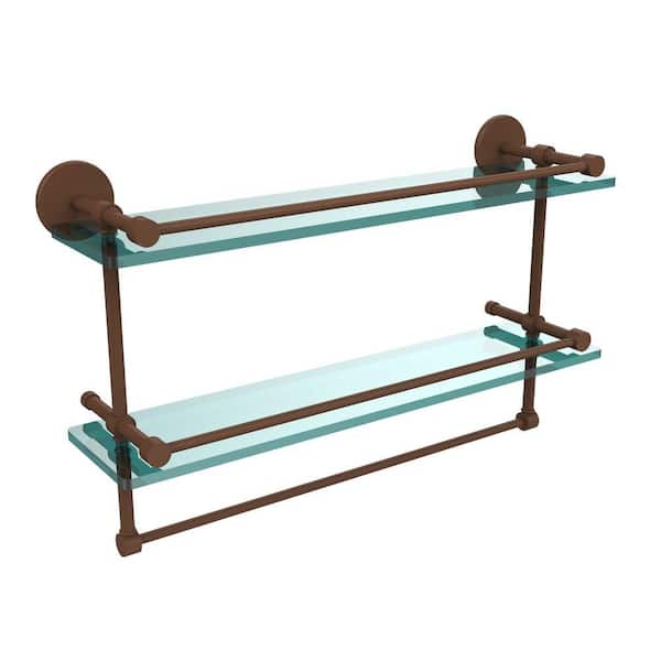 Allied Brass 22 in. L x 12 in. H x 5 in. W 2-Tier Clear Glass Bathroom Shelf with Towel Bar in Antique Bronze