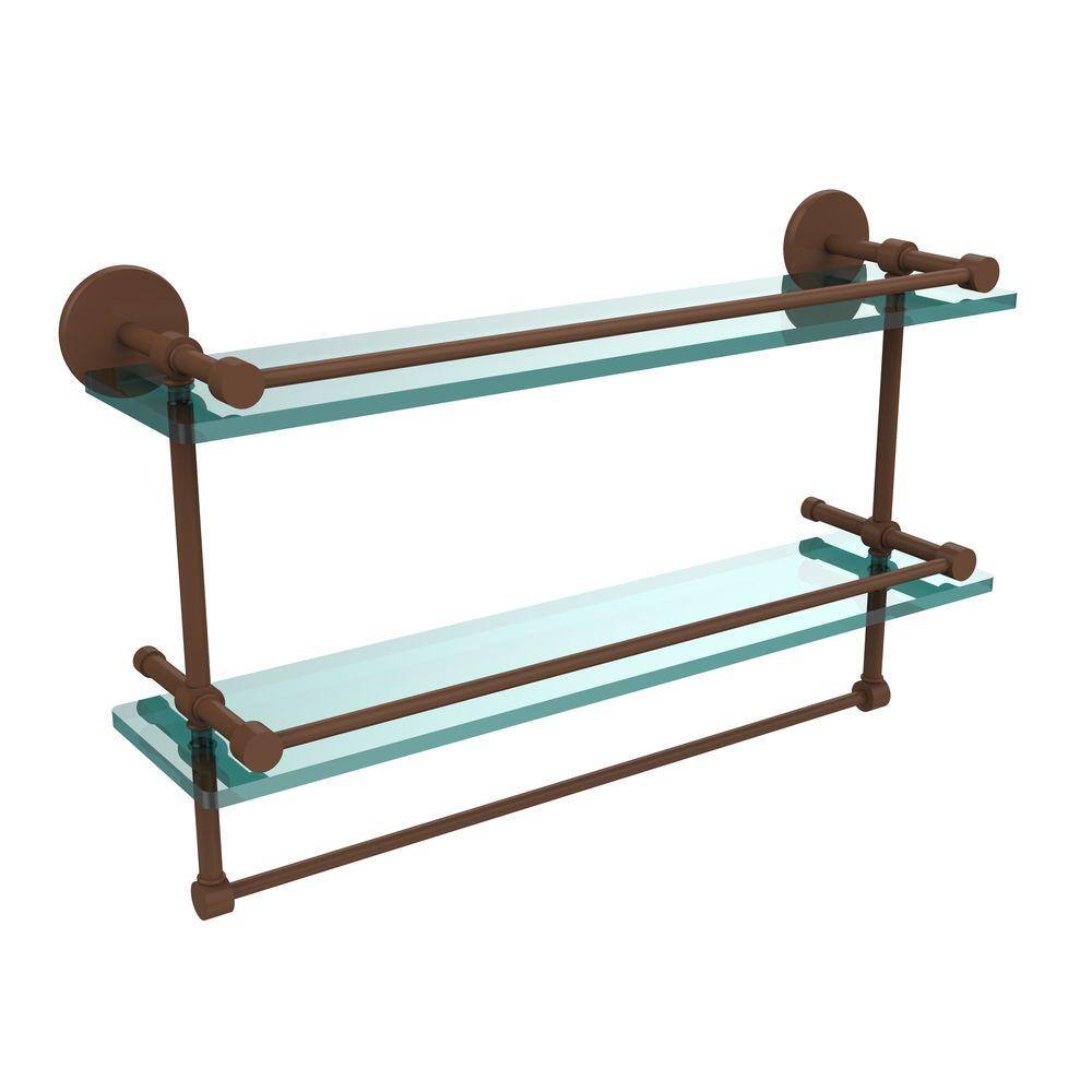 Mambo 22 in. L x 12 in. H x 5 in. W 2-Tier Clear Glass Bathroom Shelf with Towel Bar in Polished Chrome Mambo 22 in. L x 12 in. H x 5 in. W 2-Tier Clear Glass Bathroom Shelf with Towel Bar in Polished Chrome