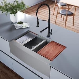 Rivage Stainless Steel 36 in. Double Bowl Farmhouse Apron Workstation Kitchen Sink with Accessories