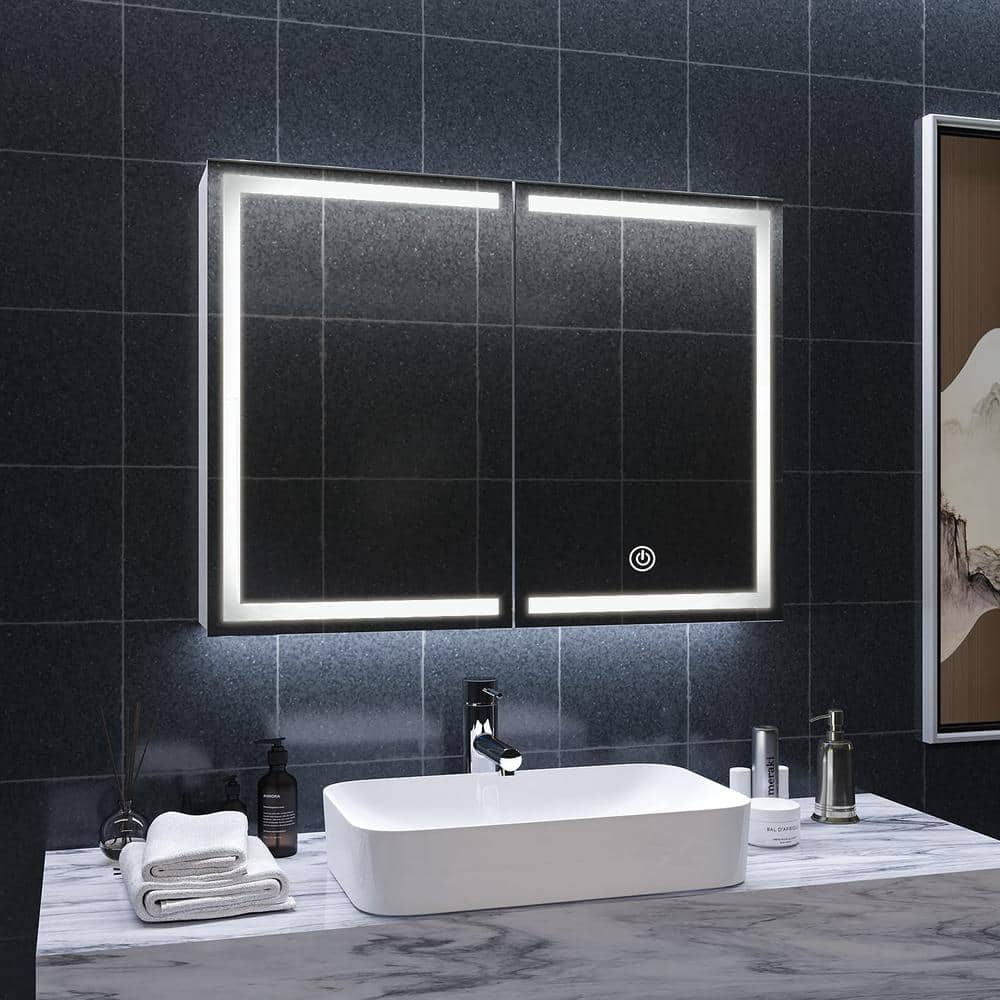 31.5 in. W x 23.6 in. H Rectangle Bathroom Mirror with Storage Cabinet and 