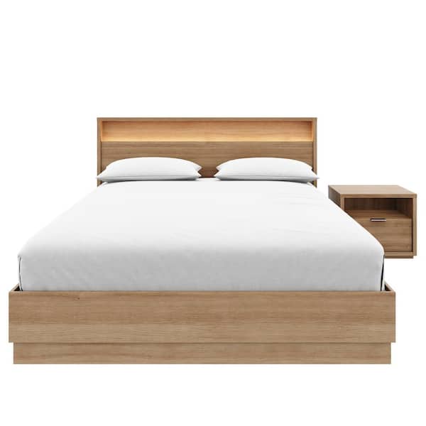 Harlow 3 Piece Brown Oak Wood Composite Queen Size Bedroom Set with Lighted Headboard