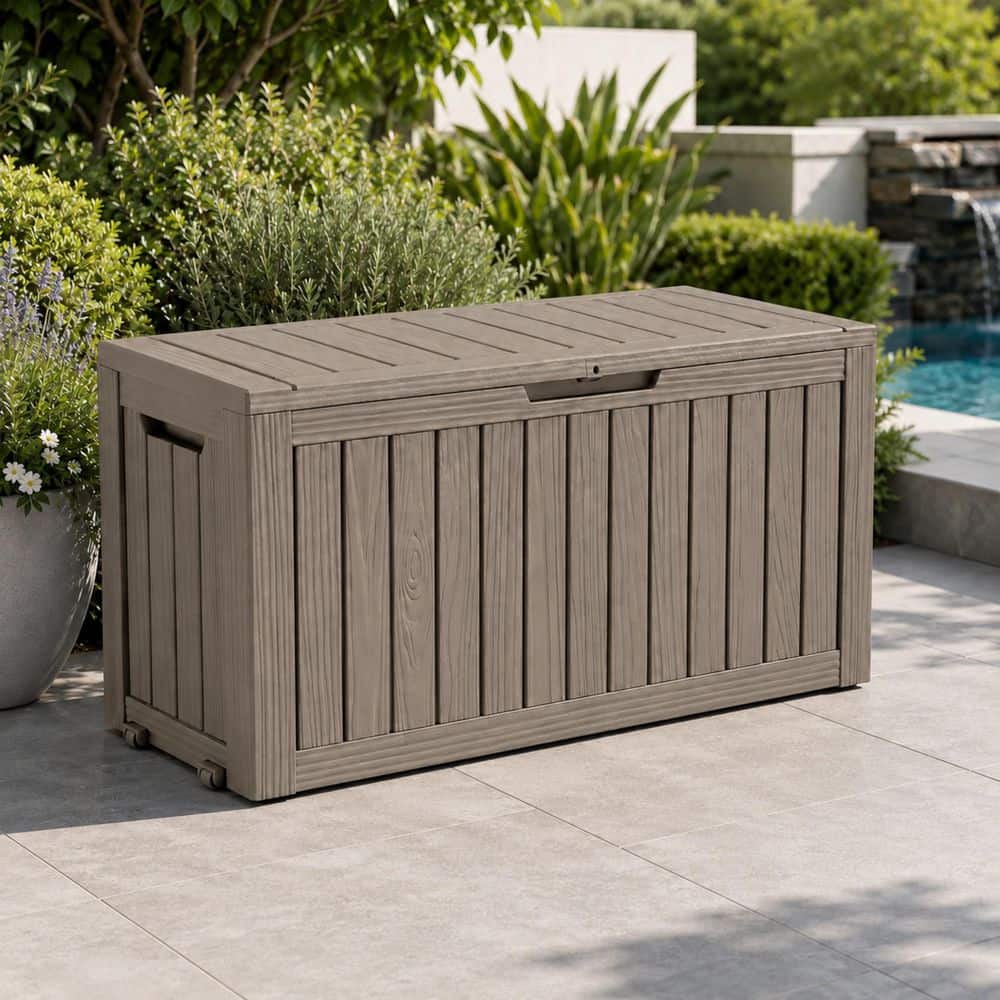 90 Gal. Large Brown Wood Grain Resin Deck Box with Wheels for Outdoor Patio Pool Garden Storage Container price history on PriceWatchPro