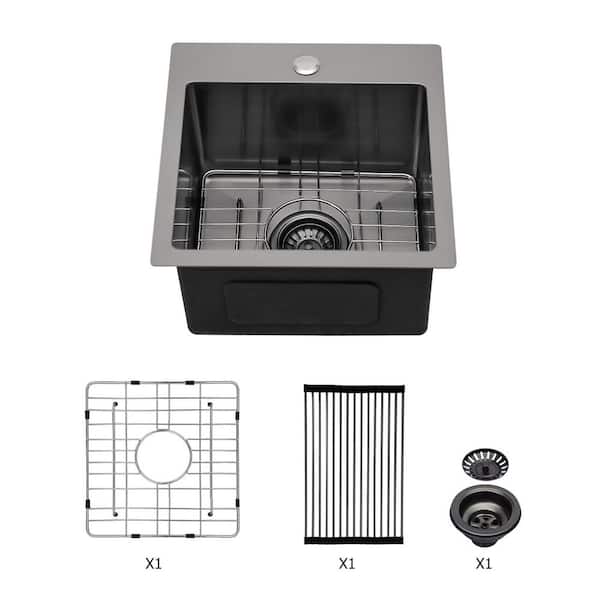 15 in. Drop-In Single Bowl 16 Gauge Gunmetal Black Stainless Steel Kitchen Sink with Bottom Grids