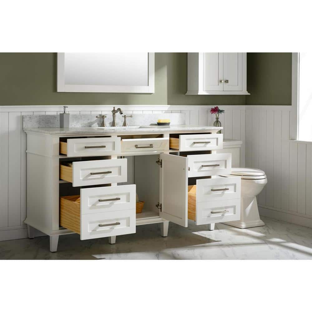 White 60" Freestanding Single Sink Vanity with Carrara Marble Top