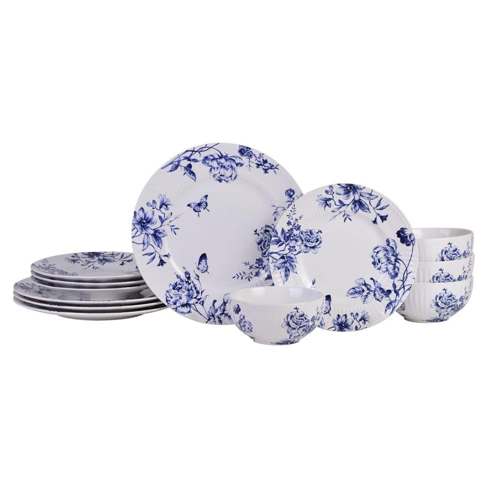 Cassian Embossed Toile Blue Porcelain 12-Pieces Dinnerware Set
