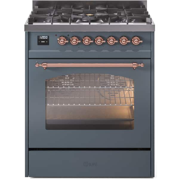 Nostalgie II 30 in. Dual Fuel Natural Gas Range with 5 Burners, Copper Trim in Blue Grey