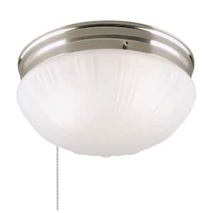 2-Light Brushed Nickel Flush Mount Interior with Pull Chain and Frosted Fluted Glass