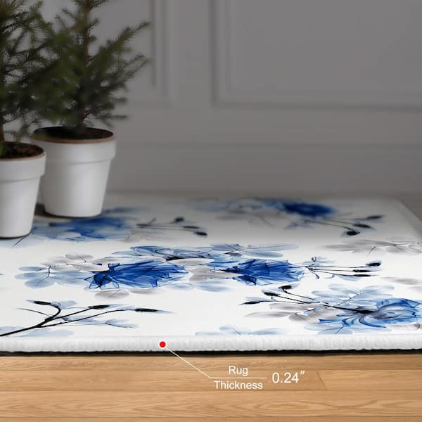 Blue 5' x 8' Pointless Friction Washable Flowers Art Area Rug Power-loomed Heavenly Softness with Non-Slipping Backing