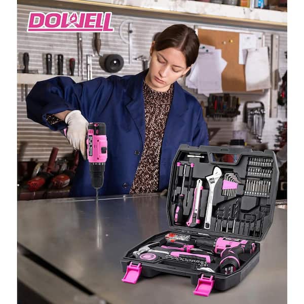 Afoxsos 147-Piece Pink 12-Volt Cordless Drill Tool Kit with