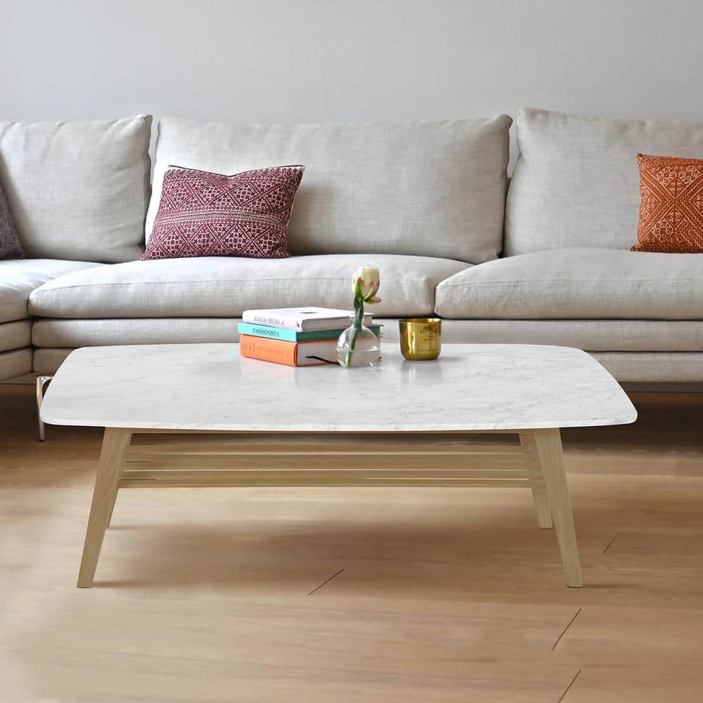 Laura 43" Rectangular White Marble Coffee Table with Oak Shelf