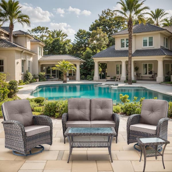 Flatarmrest 5-Piece Brown Wicker Patio Conversation Set with Olefin Gray Cushion/Loveseat/Patio Swivel Glider Chairs