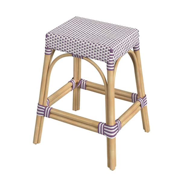 Butler Specialty Company Robias 24.5 in. White and Purple Dot Backless Rectangular Rattan Counter Stool (Qty 1)