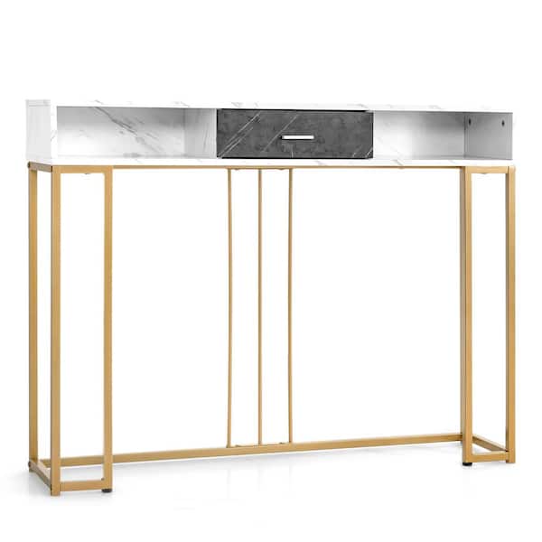 Gymax 47.5 in. White Rectangle Wood Console Table Entryway Hallway Table Gold Narrow Long Sofa Table for Living Room