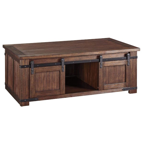 Benjara 50 in. Brown Large Rectangle Wood Coffee Table with 2-Sliding Doors