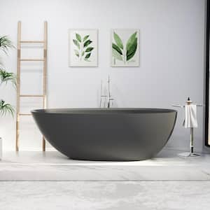 JUNO 67 in. Solid Surface Stone Resin Egg Shape Flatbottom Bathtub in Matte Cement Grey