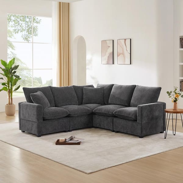 sumyeg 84 in. L-Shaped Modular Chenille Sectional Sofa in. Dark Gray with 2 Pillows