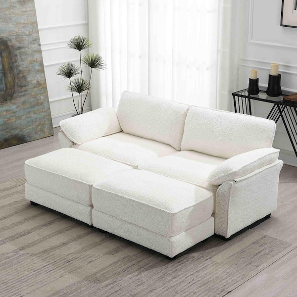 Polibi 81 in. Square Arm Chenille Rectangle Sofa with Ottoman in White