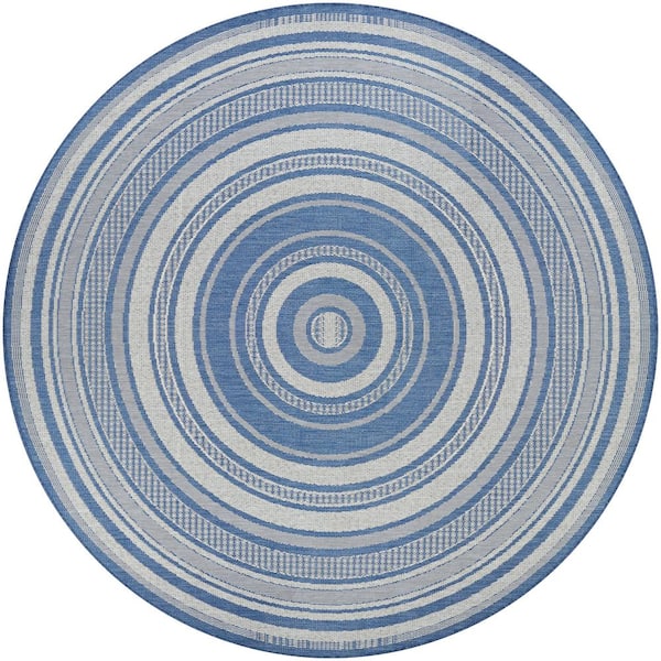 Couristan Recife Gazebo Stripe Champagne-Blue 8 ft. x 8 ft. Round Indoor/Outdoor Area Rug