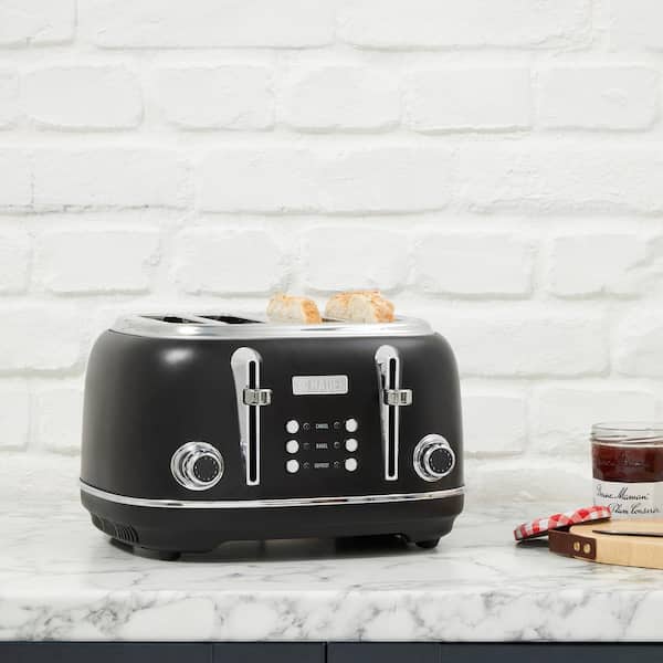 Heritage 1500-Watt 4-Slice Black and Chrome Wide Slot Retro Toaster with Removable Crumb Tray and Browning Control