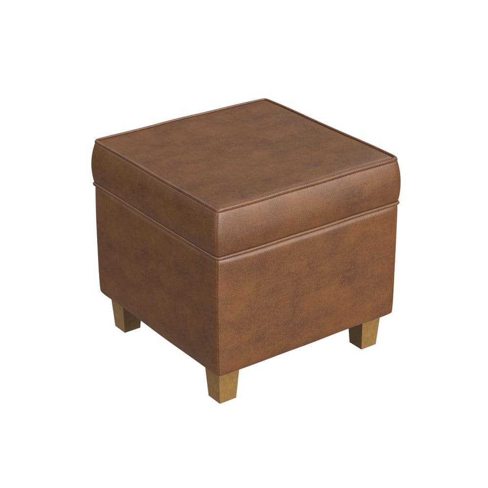 Brown Faux Leather Tufted Square Storage Ottoman with Lift Off Top