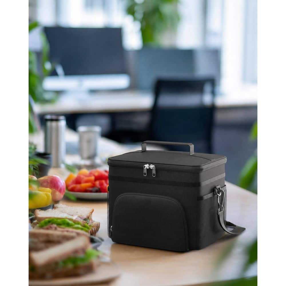 KHKFY Black Insulated Lunch Box with 4 Pockets and Adjustable Strap, Leak-Proof Cooler Bag, Medium 10.2 x 6.9 x 8.5 Inch,
