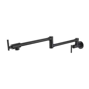 Wall Mounted Pot Filler with Double Joint Swing Arms Brass Single Hole 2 Handle Foldable Kitchen Sink Tap in Matte Black