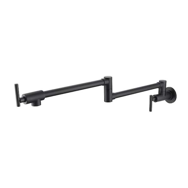 AIMADI Wall Mounted Pot Filler with Double Joint Swing Arms Brass Single Hole 2 Handle Foldable Kitchen Sink Tap in Matte Black