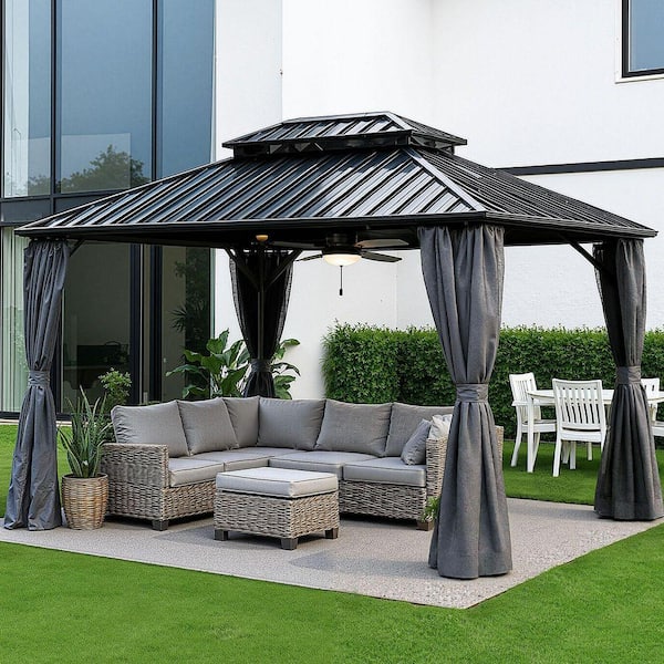 10 ft. x 10 ft. Black Outdoor Aluminum Hardtop Gazebo with Metal Roof Pergola, Netting, and Curtain