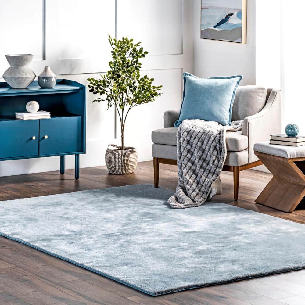 Light Blue Synthetic Shag Area Rug, 3' x 5', Non-slip