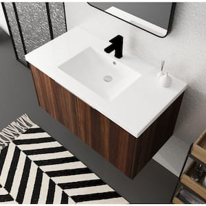 35.40 in. W Floating Wall-Mounted Bath Vanity in California Walnut with White Resin Top