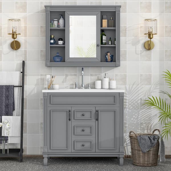 Unbranded 36 in. W x 18 in. D x 34 in. H Single Sink Freestanding Bath Vanity in Gray with White Resiin Top and Mirror Cabinet