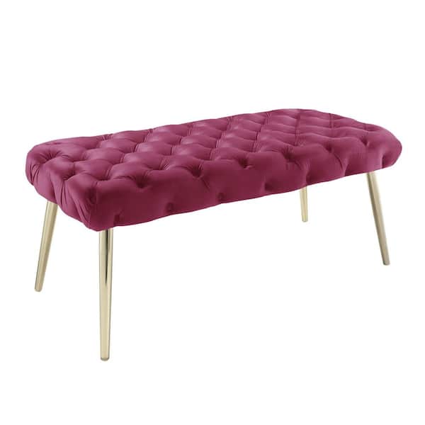 Nicole Miller Shannyn Fuchsia/Gold Velvet Bench with Button Tufted 
