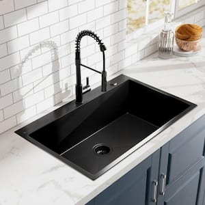33 in. Drop-In Single Bowl 18 Gauge Black Stainless Steel Kitchen Sink with Black Spring Neck Faucet