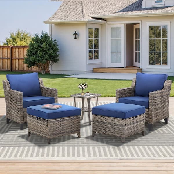 Buenaola 5-Piece Wicker Patio Conversation Set with Lounge Chairs, Outdoor Bistro Set with Side table with Blue Cushions