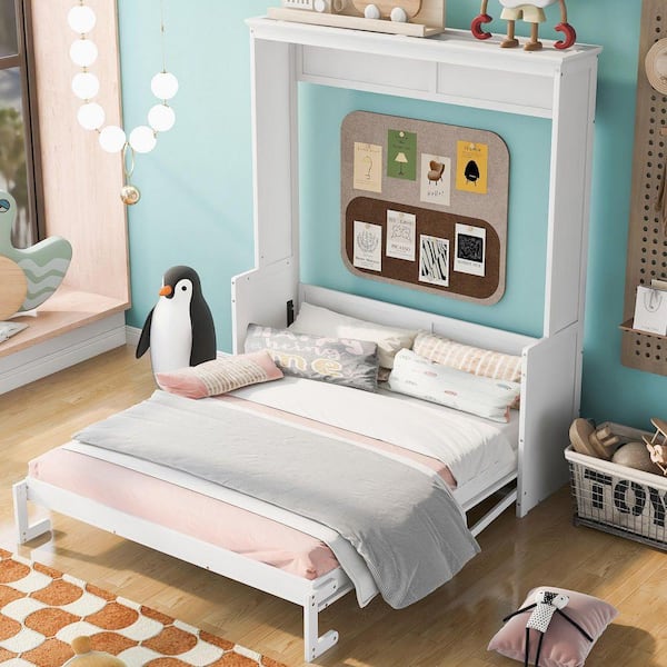 White Wood Frame Queen Murphy Bed with a Shelf