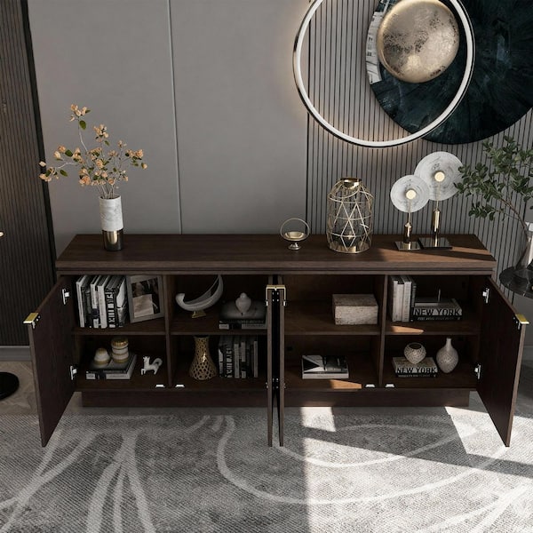 Walnut 70 in. 4-Door Oak Veneer and MDF Sideboard Buffet Multi-purpose Storage Dining Cabinet with Adjustable Shelves