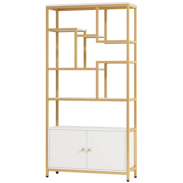 BYBLIGHT Eulas 74 in. Tall White Gold Wood 6 Shelf Cabinet Bookcase, Modern Bookshelf with Doors, for Living Room, Bedroom