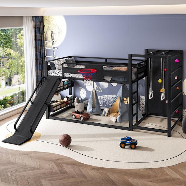 Devorah Black Twin Metal Loft Bed with Basketball Hoop, Pull-up Rings, Climbing Wall, and Built-in Bookshelves