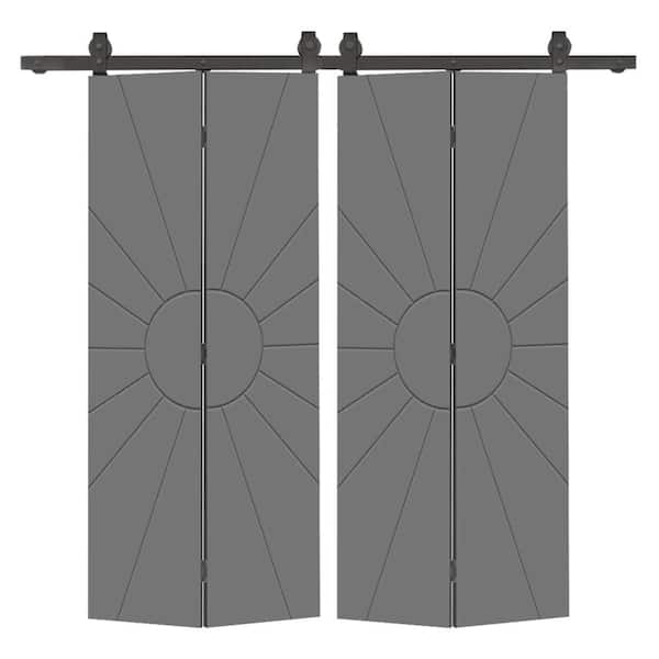 Sun 52 in. x 80 in. Light Gray Painted MDF Modern Bi-Fold Double Barn Door with Sliding Hardware Kit