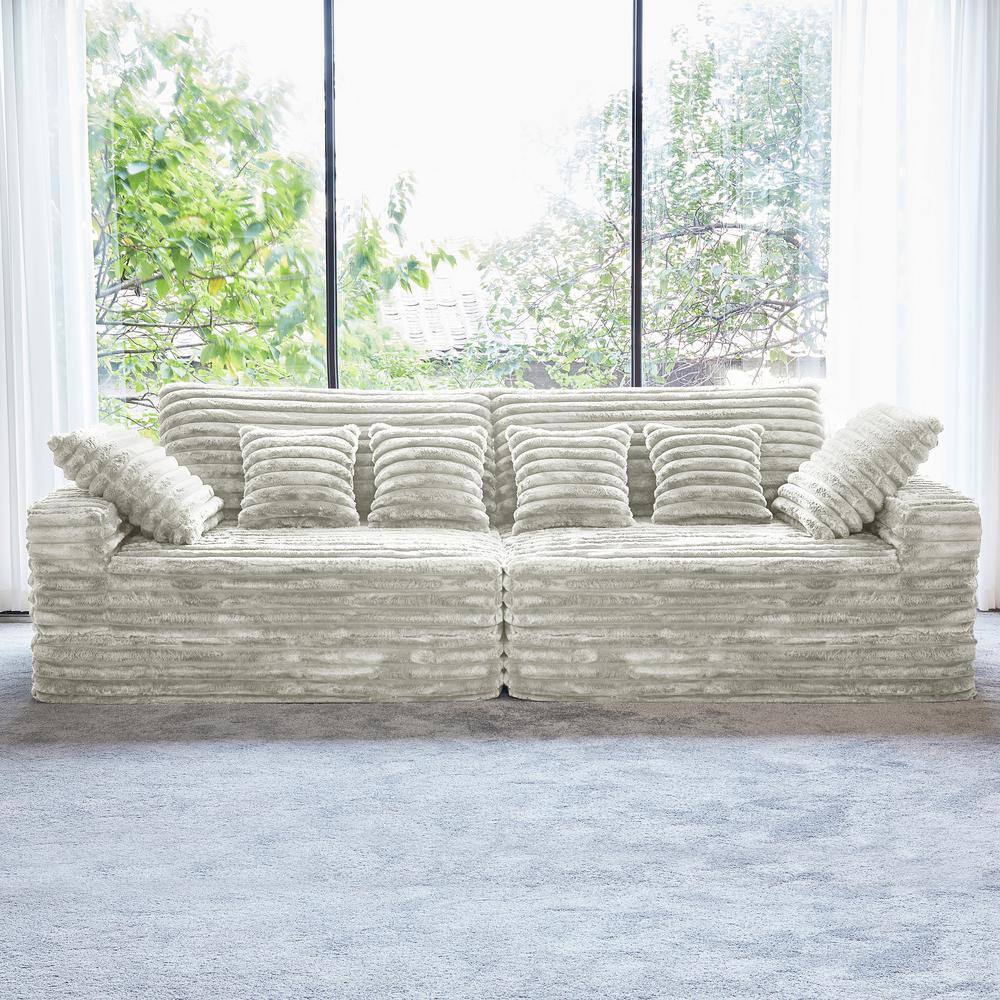 Modern 120 in. Wide Square Arm Velvet Rectangle Sectional Sofa Couch Double Seats Square in Beige