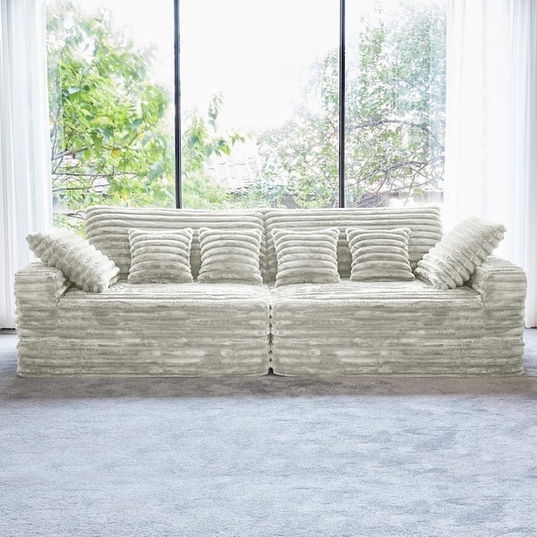 Lesly Modern 120 in. Wide Square Arm Velvet Rectangle Sectional Sofa Couch Double Seats Square in Beige