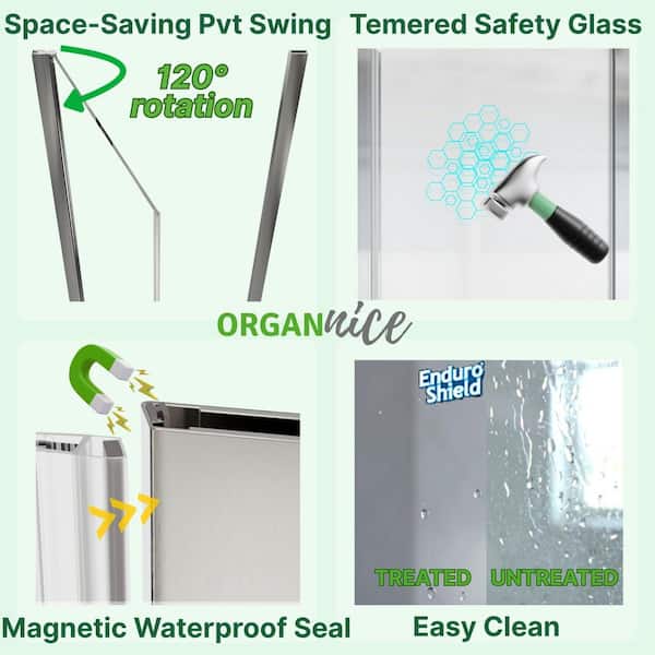 34 to 35-1/2 in. H Pivot Swing Frameless Shower Door in Brushed Nickel with Clear Glass