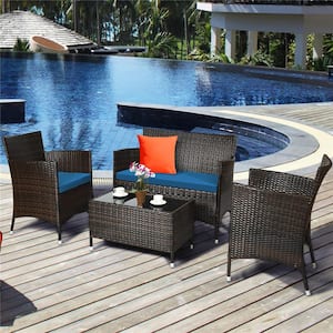 4-Piece Patio Rattan Conversation Set Outdoor Wicker Furniture Set with Tempered Glass in Navy Cushion