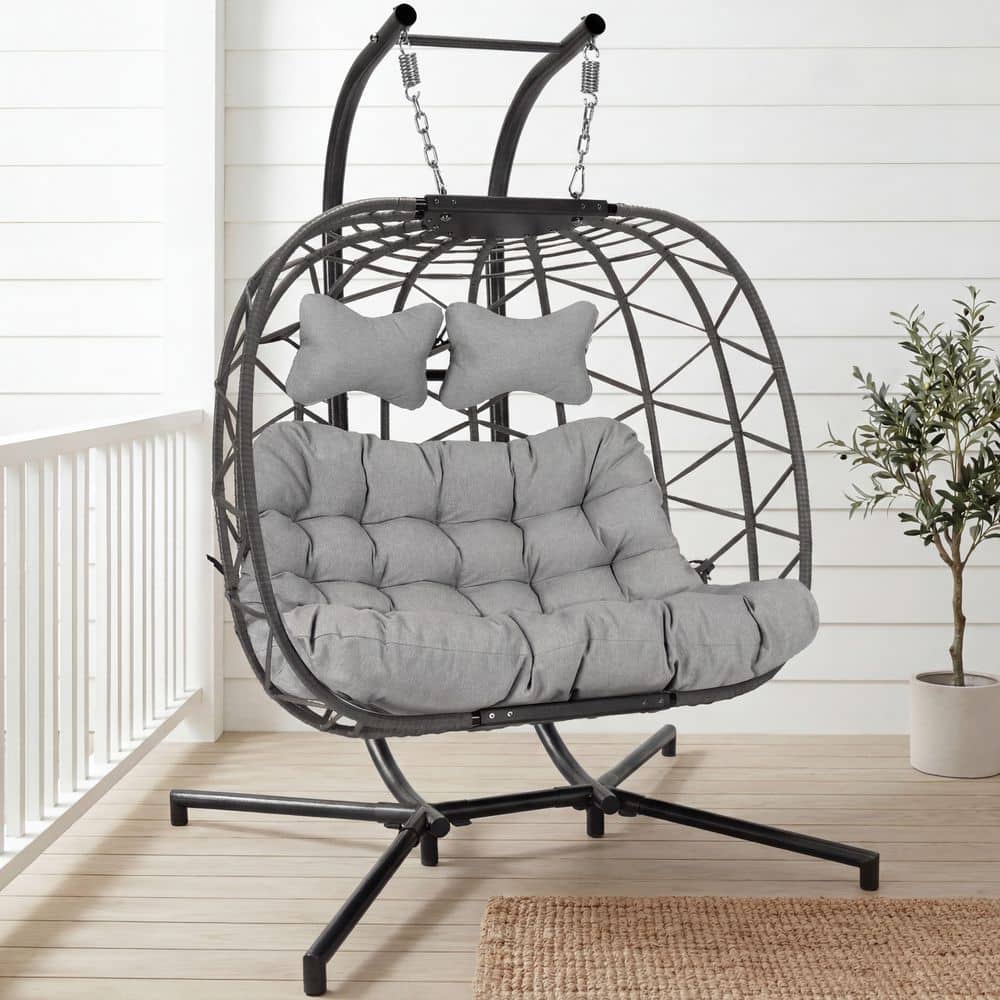 Oversized 2-Person Charcoal Gray Wicker Double Patio Swing Egg Chair With Light Gray Cushion