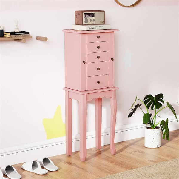 Costway Pink Wood Jewelry Cabinet with Mirror Armoire Storage