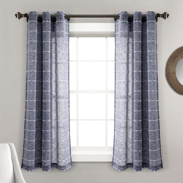 Farmhouse Textured Grommet Sheer Window Curtain Panels Navy 38X63 Set
